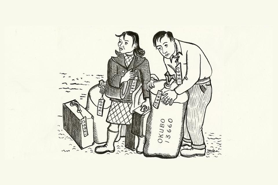 Drawing from Citizen 13660 depicting Mine Okubo and her brother with luggage