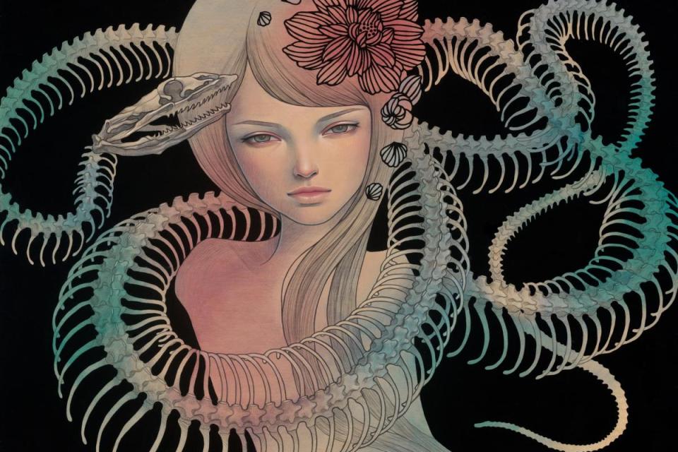 Woman with flower in her hair and what appears to be a snake skeleton wrapped around her