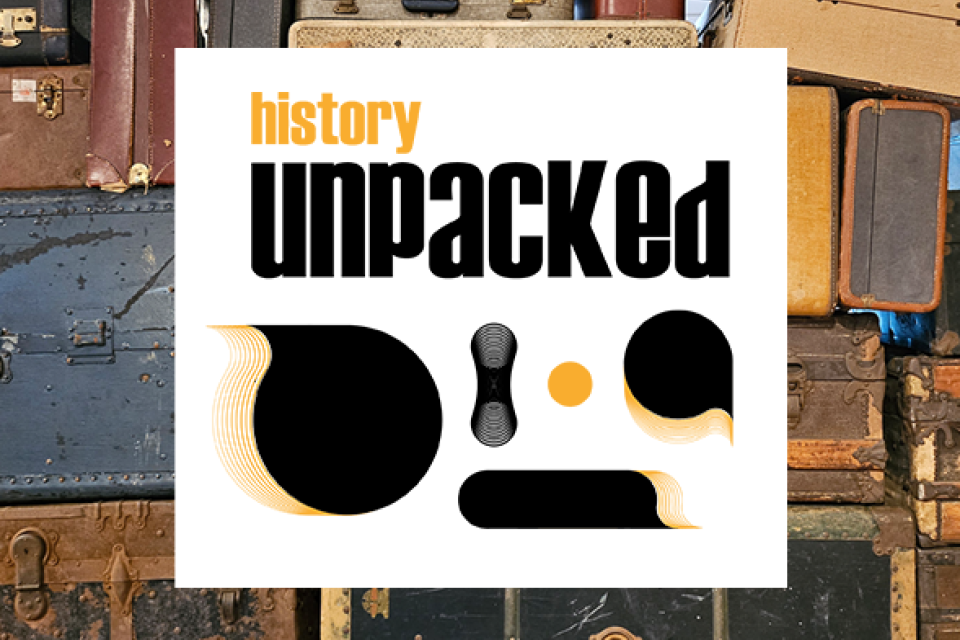 history unpacked logo with wall of luggage in background