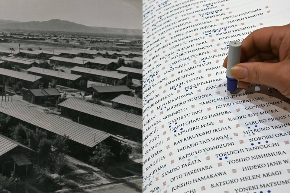A photo of Poston concentration camp next to a photo of a hand stamping name in a book of the people who were incarcerated in those camps