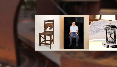 collage of janm exhibits chair, lawson interactive and artifacts