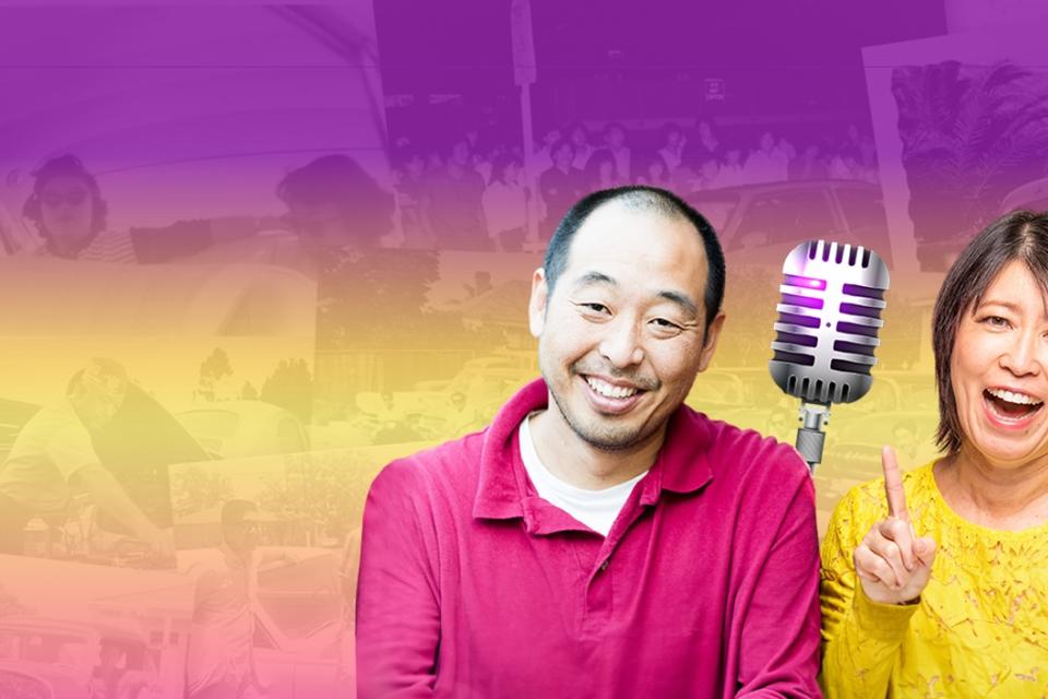 Koji and Michelle podcast hosts with microphone