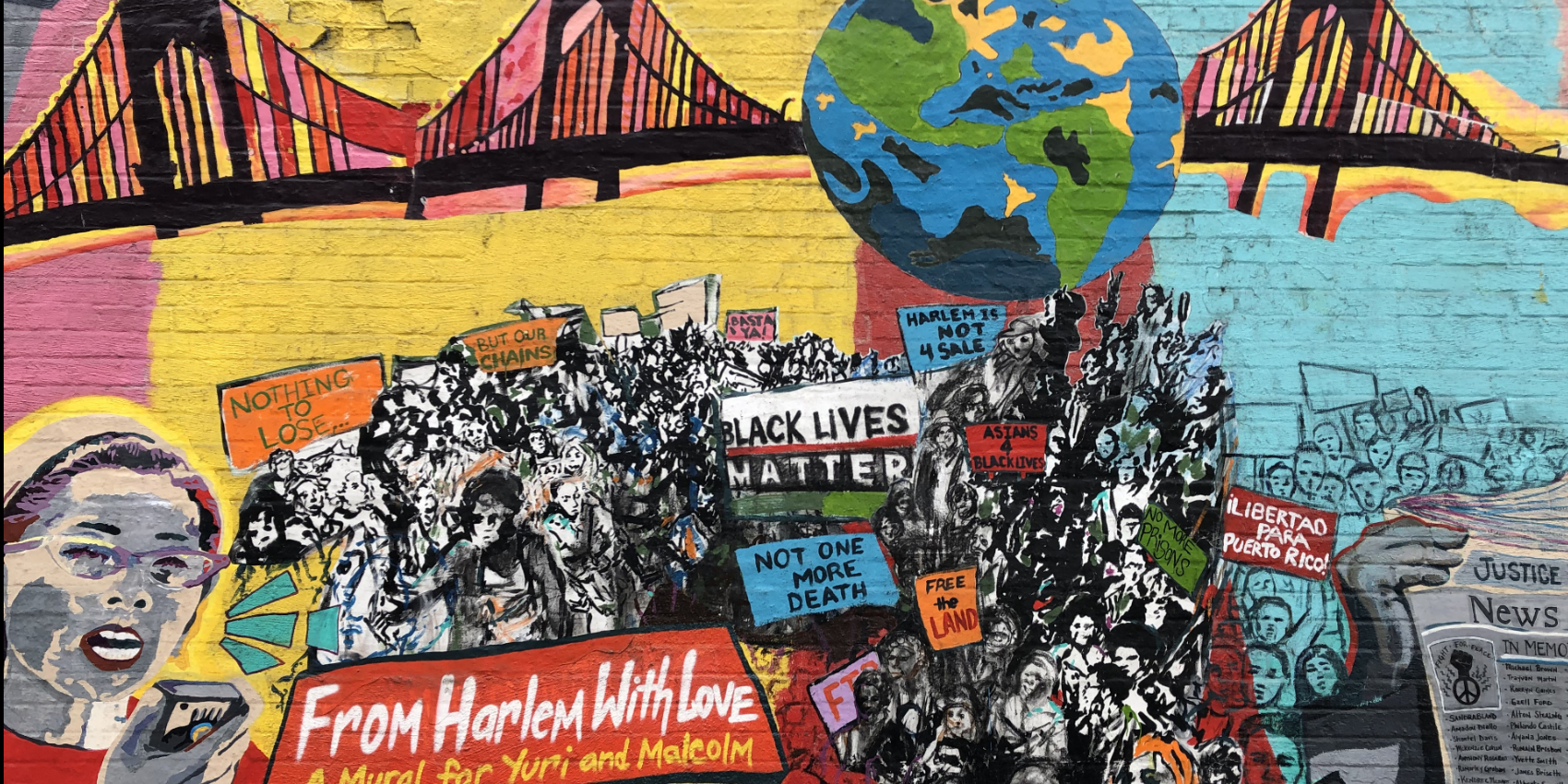 Image: A Mural for Yuri & Malcolm, created by artists/activists inspired by the legacies and deep friendship of Yuri Kochiyama and Malcolm X. Photo courtesy of Nobuko Miyamoto.