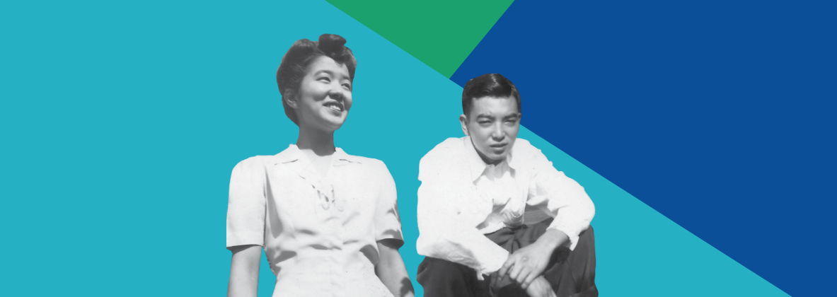 banner with geometric pattern background in colors teal, green and blue. In the center of the banner is a black and white image of a man and a woman