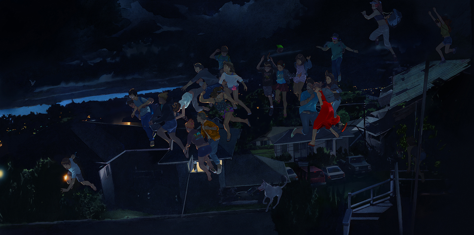 horizontal banner shows dark night with group of people running through the sky. Some lights from the neighorhood below reflect on them.