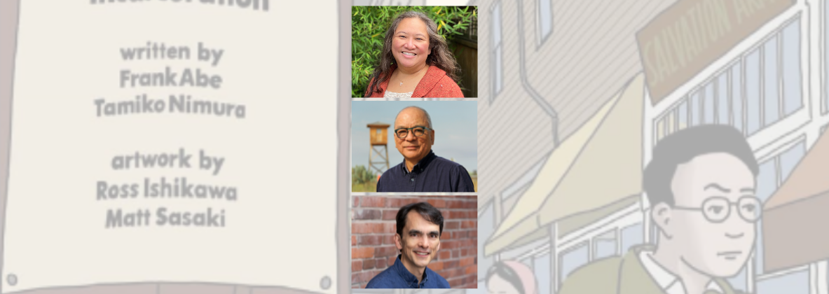 banner collage with background image of the book cover of We Hereby Refuse; in the center shows 3 headshot images of Tamiko Nimura, Frank Abe and Ross Ishikawa