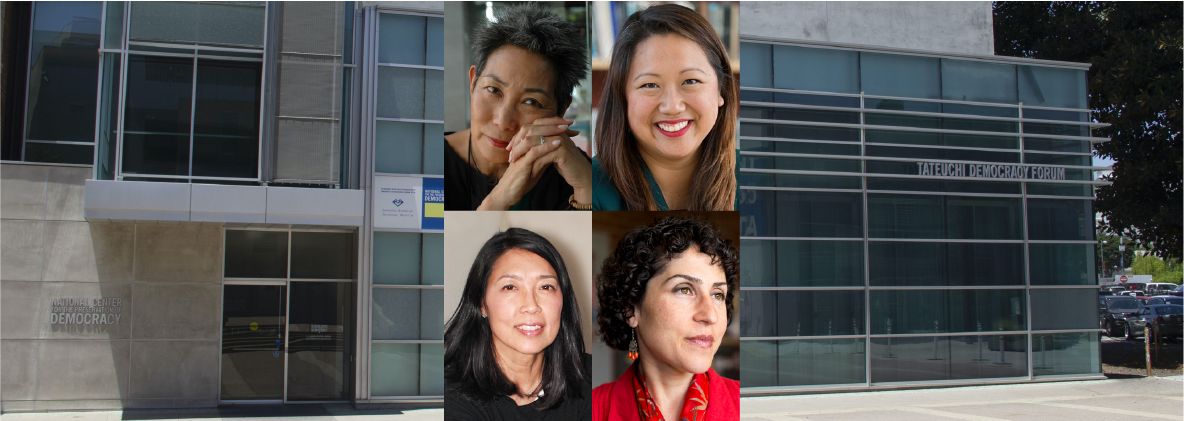 banner image with building in the background and four people's headshots in the center