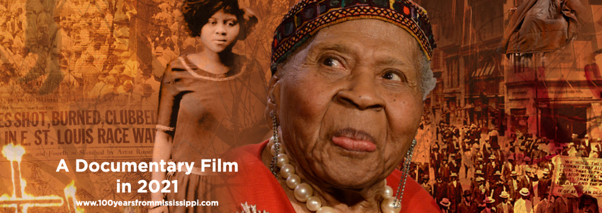 A orange tinted collage of images from the documentary. Primary image is an older Black woman wearing red looking off into the distance. Image in the background is of a younger black women looking somberly in the other direction.