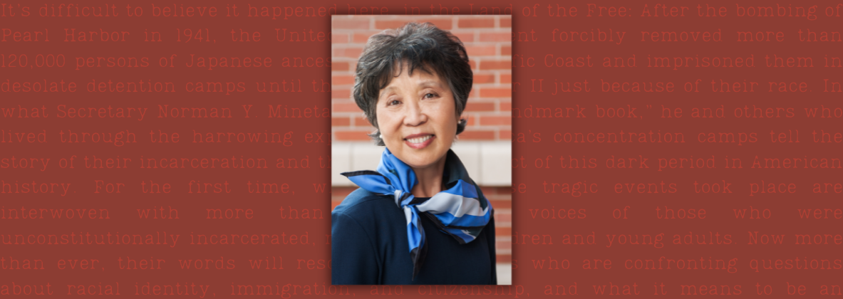 red banner with photo in center of author Susan Kamei