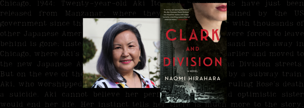 A headshot of Naomi Hirahara and a cover of "Clark and Division" book on a black background with light typewriter style text