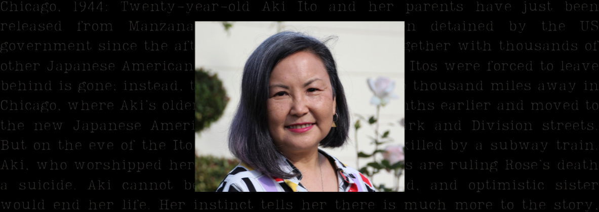 A headshot of Naomi Hirahara on a black background with light typewriter style text