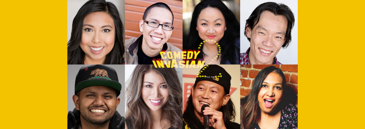 Eight headshots of a diverse group of Asian American comedians are in a grid on a yellow background with a yellow logo saying "Comedy Invasian" in the middle