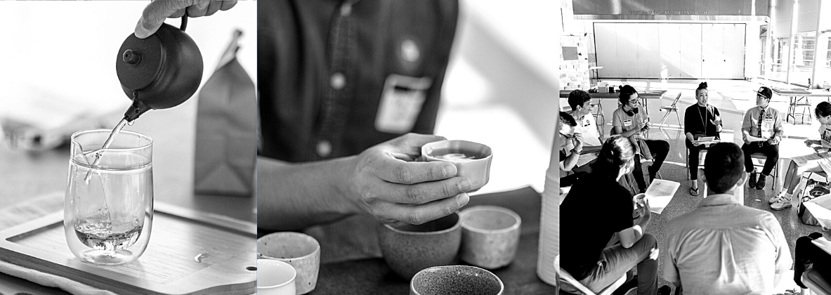 black and white triptych with image of tea on the left, a hand holding tea cup in the center, and a woman writing on a typewriter in a chair on the right