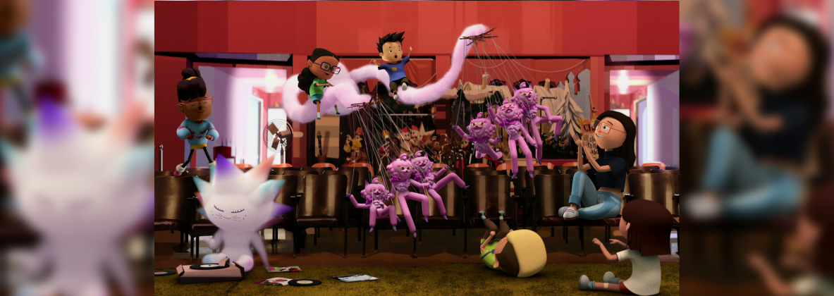 A collection of colorful animated characters play with pink puppets