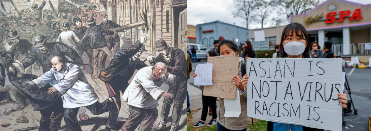 A woman in a mask holds a sign that says "Asian is not a virus racism is." On the left a drawing of racist caricatures of Asian people being beaten by white men
