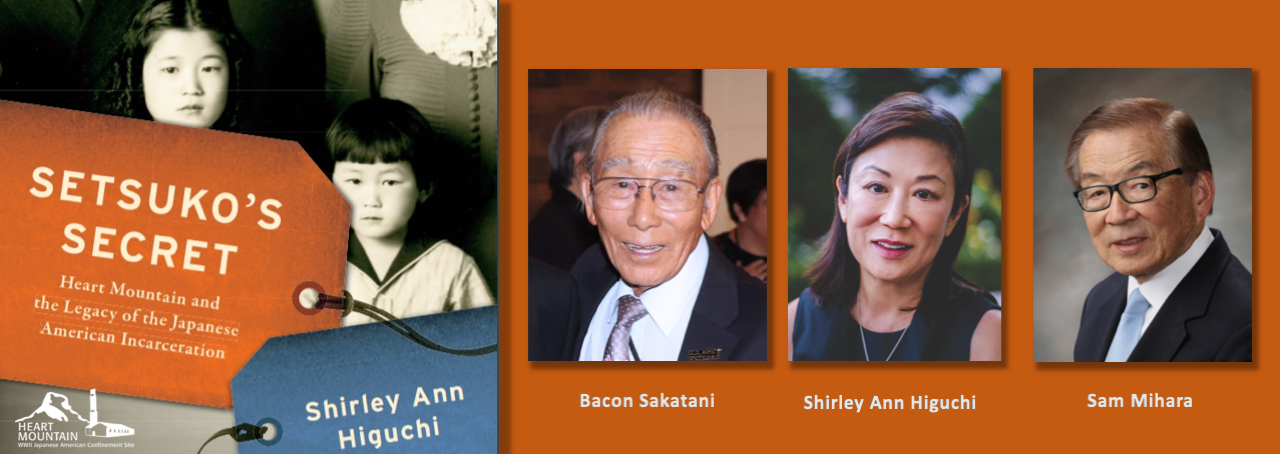 A collage of the cover for 'Setsuko's Secret' and headshots of Shirley Higuchi, Bacon Sakatani, and Sam Mihara
