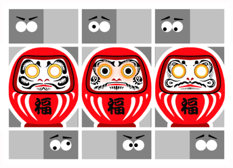 three red daruma in a line, center daruma has eyes open. Background is grey checkered with cartoon eyes