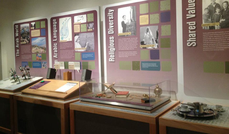 Displays from Patriots and Peacemakers exhibit at JANM