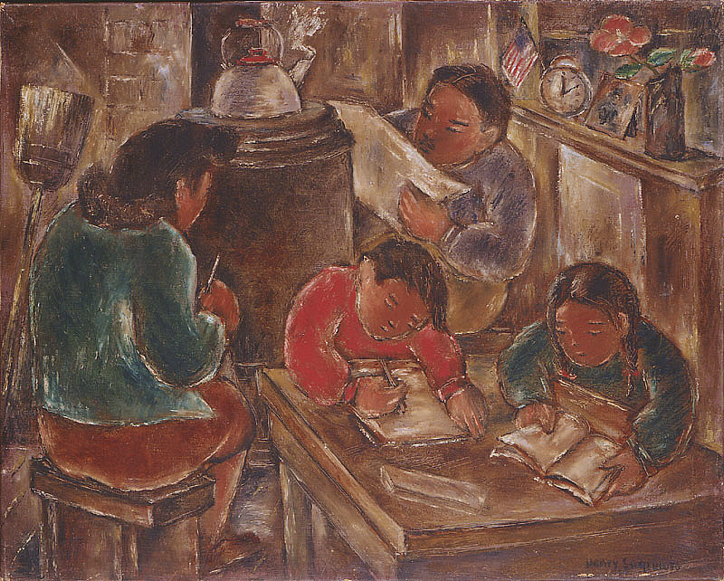 Painting by Japanese American artist Henry Sugimoto depicting an everyday scene from the lives of Japanese Americans in World War II concentration camps.