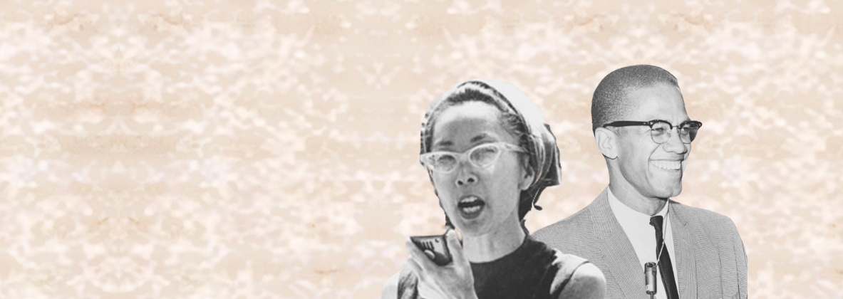 Black and white photo cutouts of Yuri Kochiyama and Malcolm X against a textured background.
