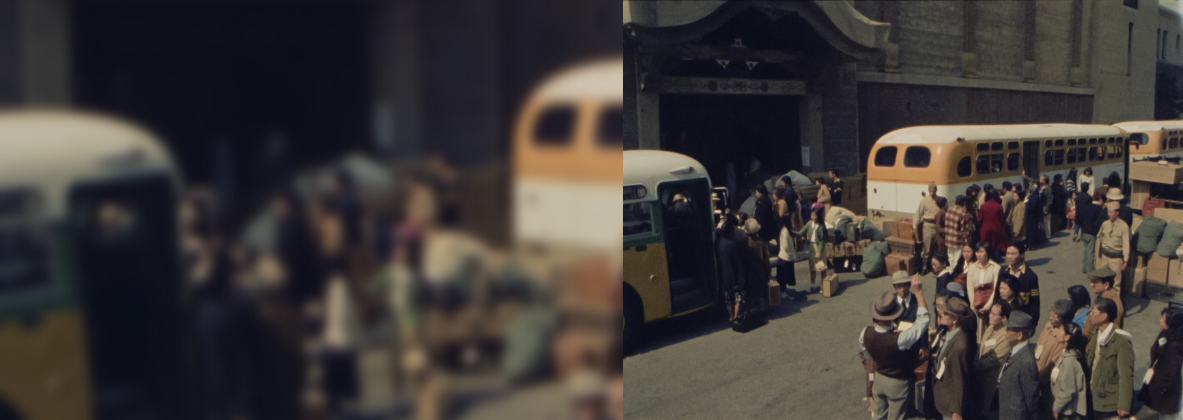 A still from the film "HITO HATA: RAISE THE BANNER" depicting crowds of people waiting for board buses.