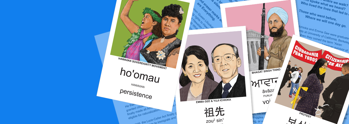 An american vocabulary cards with words and illustrations of people