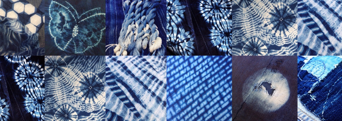 Tiled images of various examples of shibori dyed fabrics.