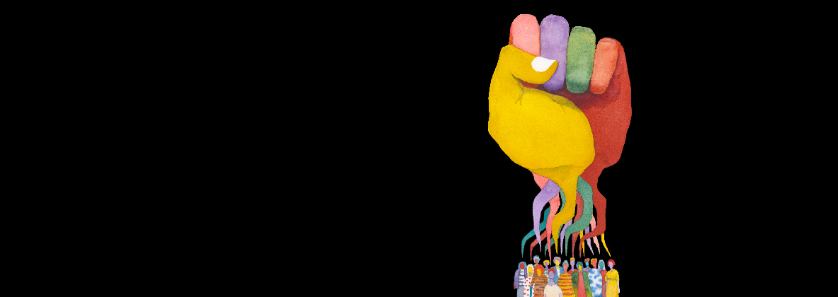 Painted multi-colored people with word bubbles of various colors forming a closed fist.