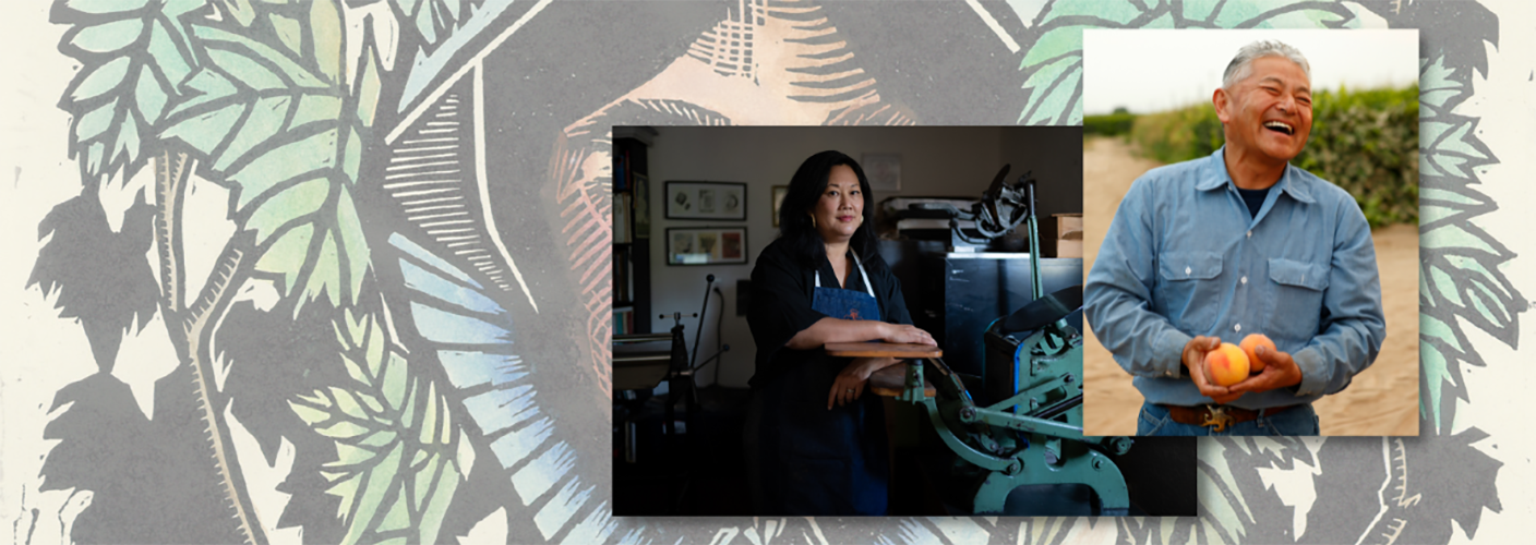 Photos of Patricia Wakida and David Mas Masumoto overlapping one another against the cover of "Secret Harvests", lightened in the background.