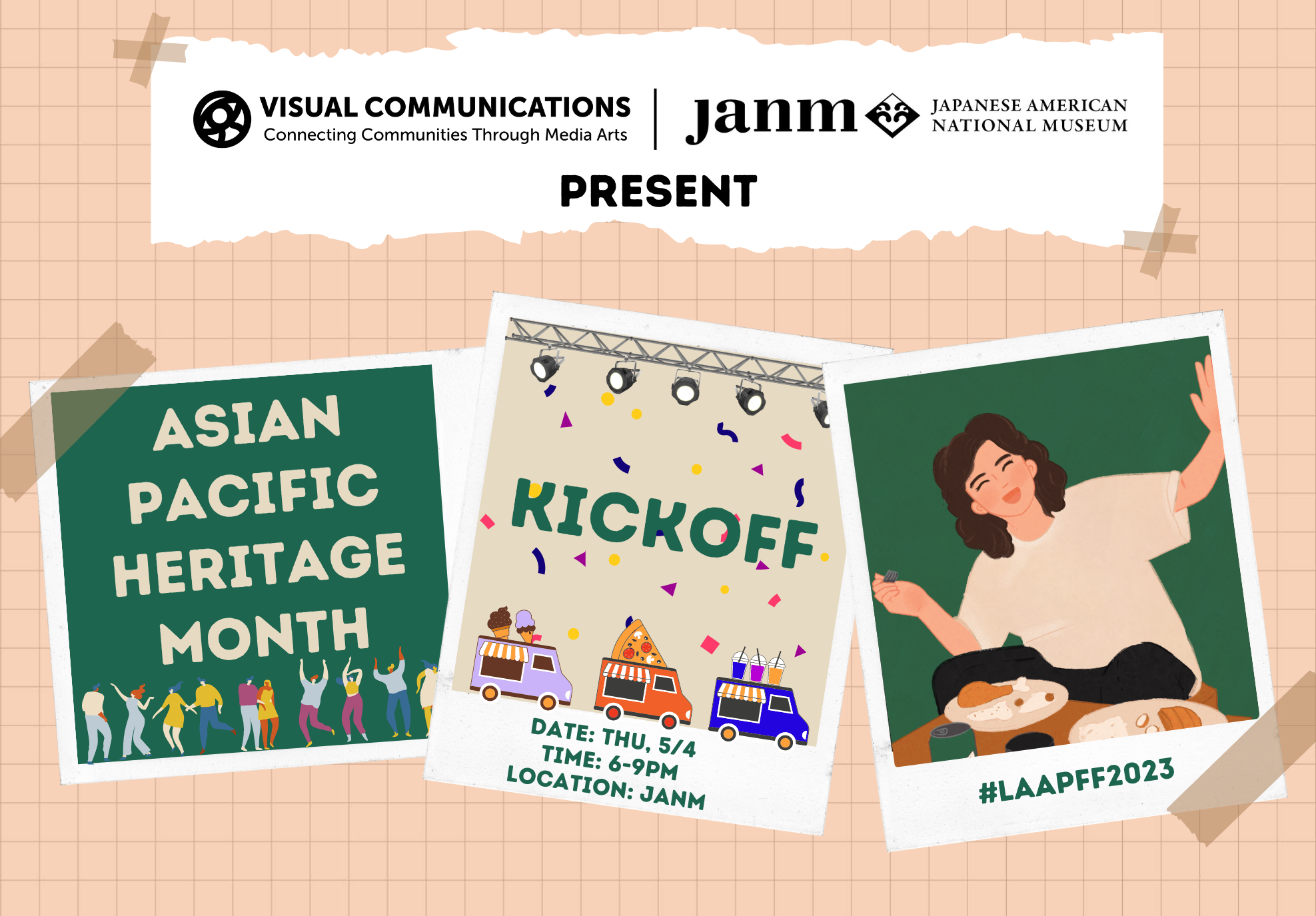 Flat illustrations of three photographs taped onto a tan, gridded background. The left-most photo reads "Asian Pacific Heritage Month", the middle one reads "Kickoff" with confetti and food trucks, and the right-most one shows someone enjoying food.
