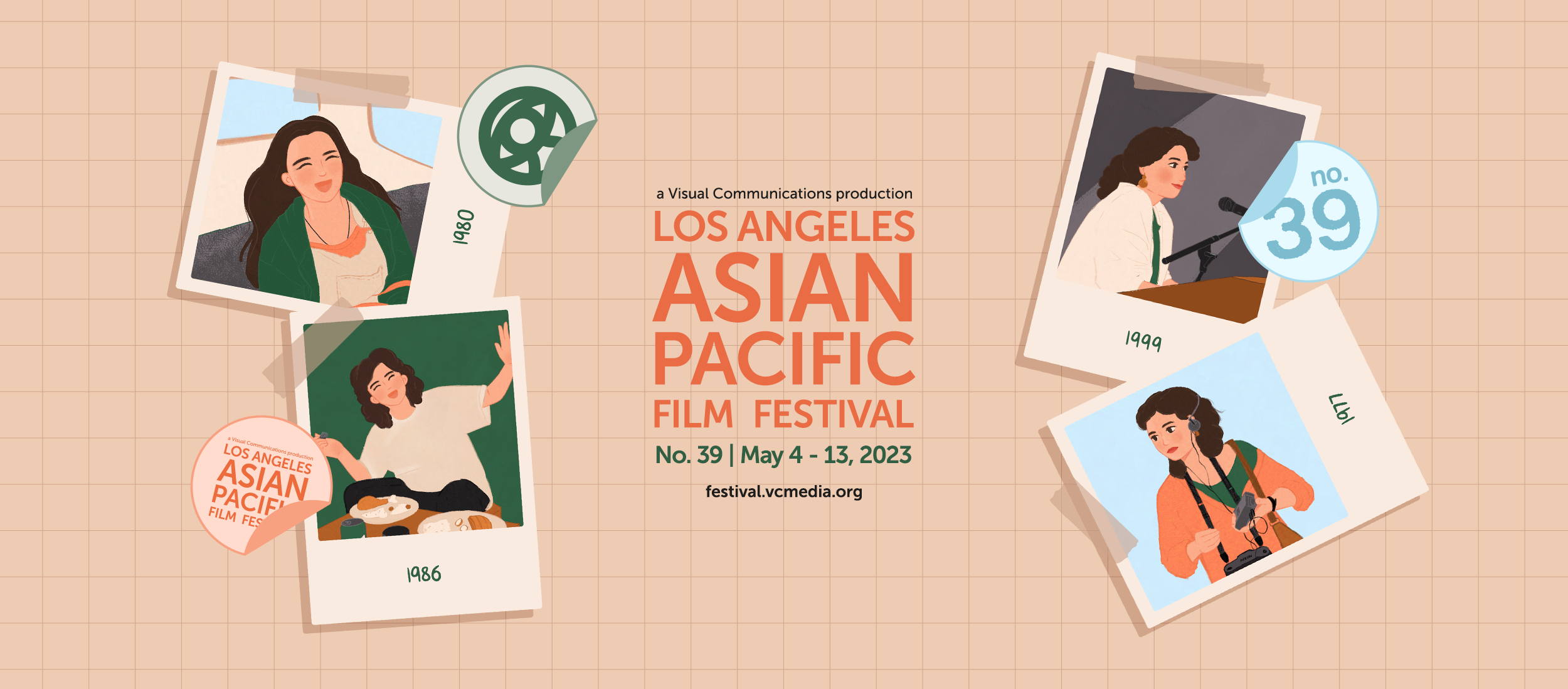 Stylized illustrations of polaroid photos taped on a gridded background, surrounding the text "Los Angeles Asian Pacific Film Festival".