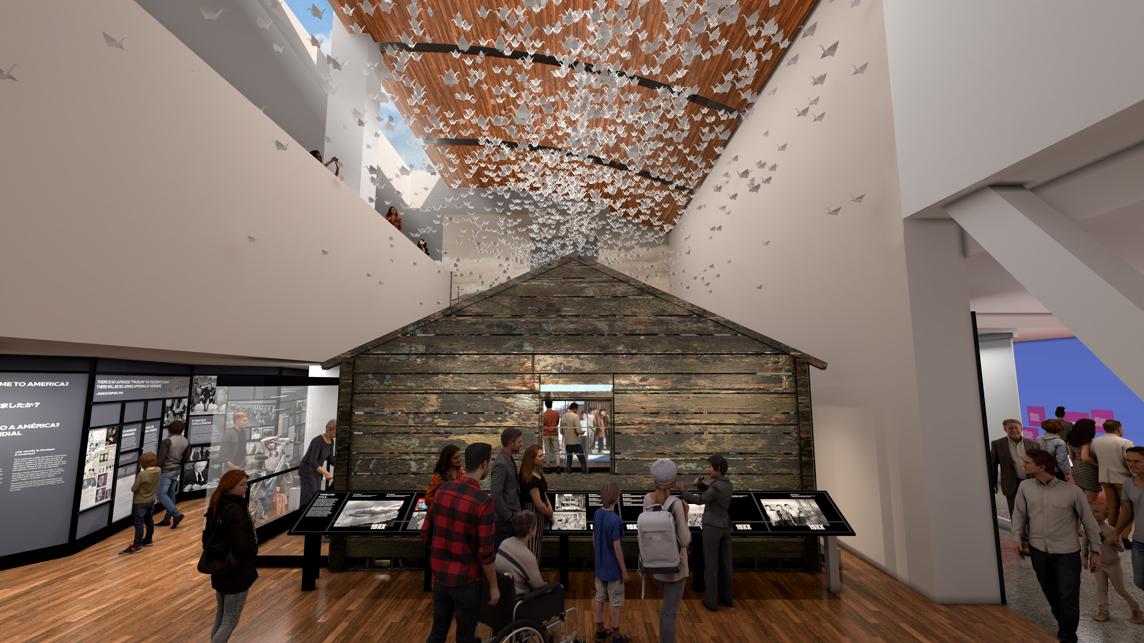 rendering of barrack with origame cranes above it