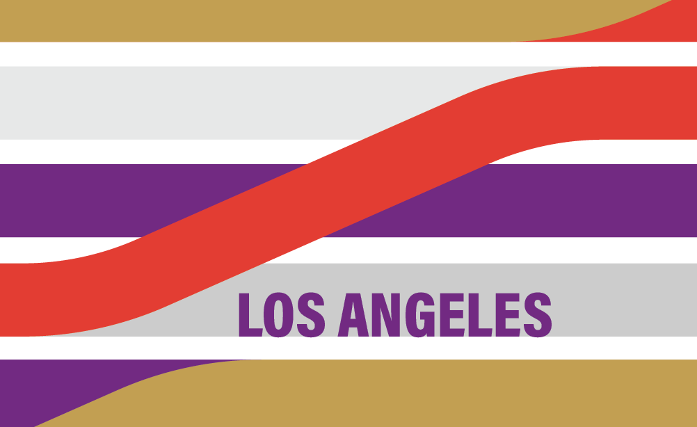LOS ANGELES with colorful designed lines in purple, red, grey, and brown