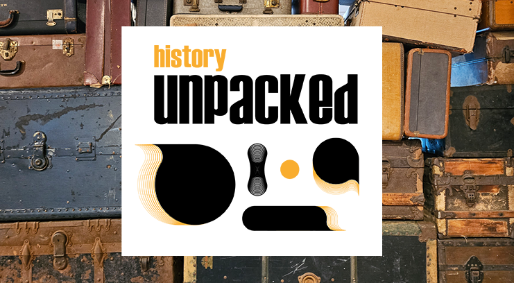 history unpacked logo with wall of luggage in background