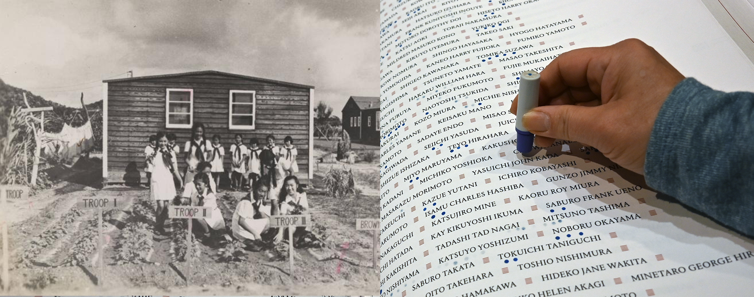 Photo of Crystal City internment camp encarcerees next ton a photo of a hand stamping the names in the Ireicho book of names