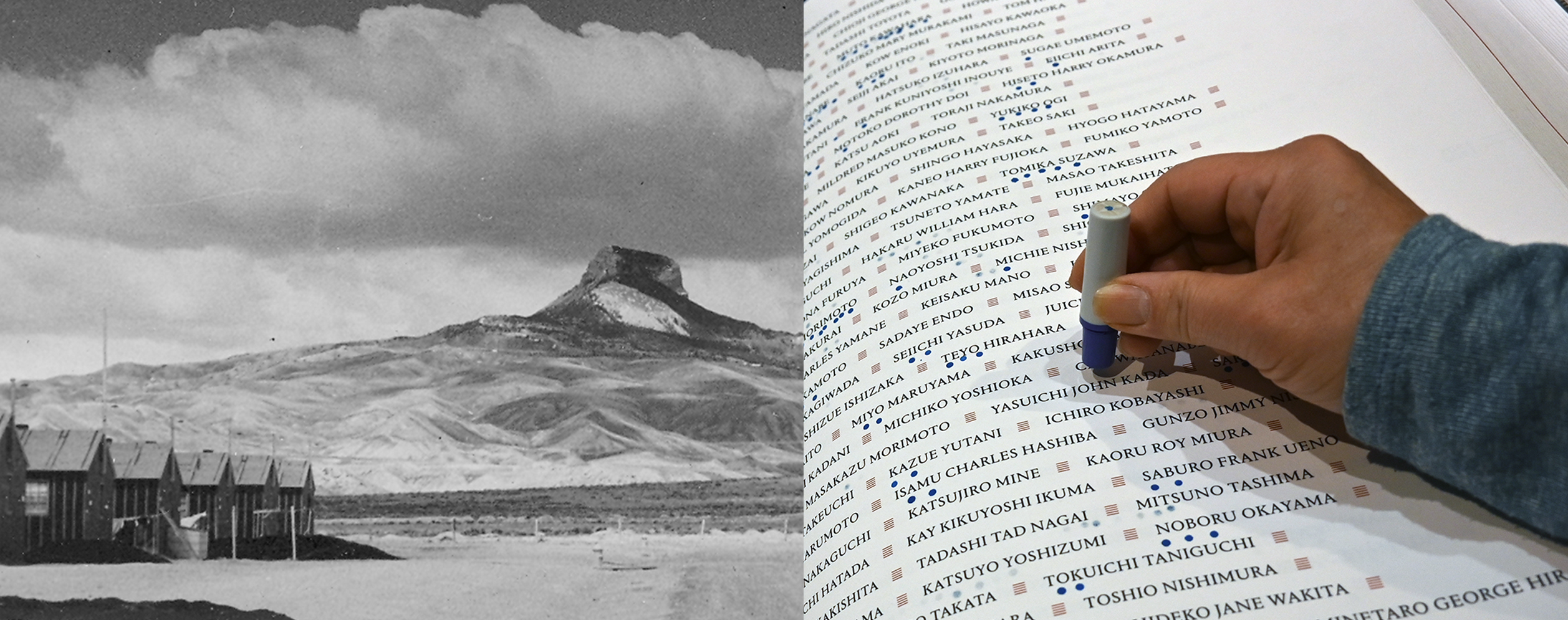 Photo of Heart Mountain concentration camp next to a photo of hand stamping incarcerees names in book
