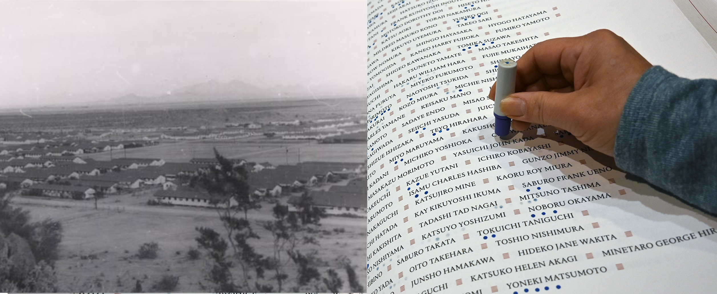 Gila River concentration camp net to a photo of a hand stamping the Ireicho book of names