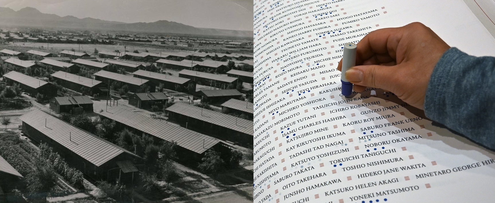 A photo of Poston concentration camp next to a photo of a hand stamping name in a book of the people who were incarcerated in those camps