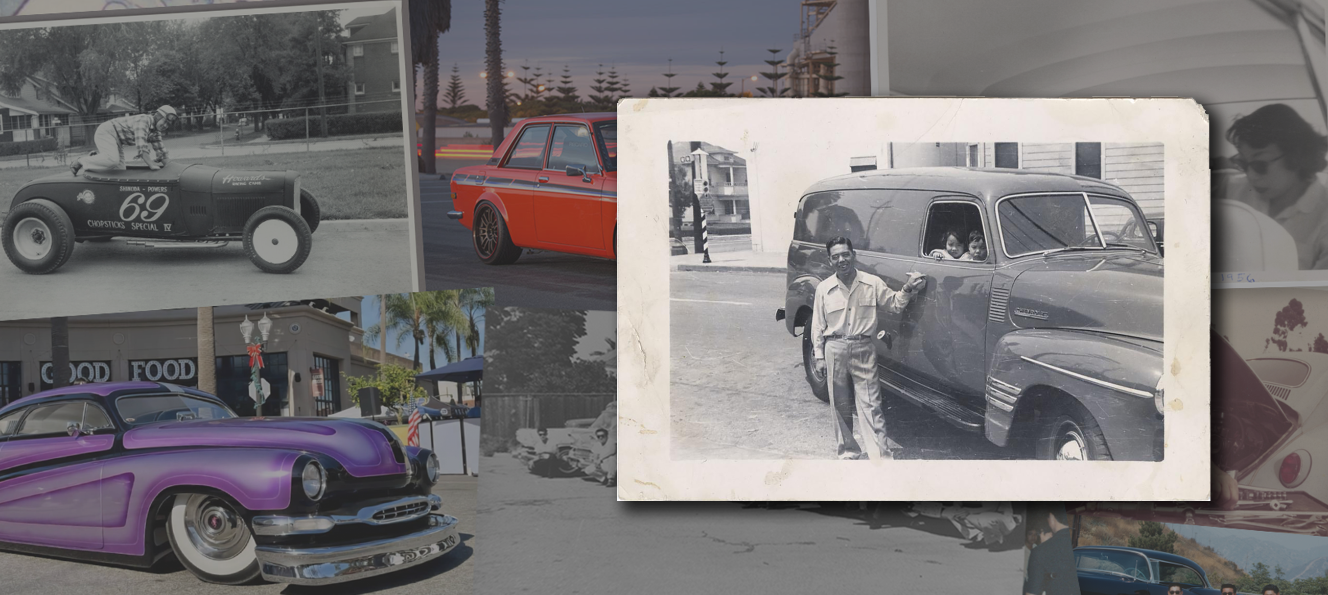 photo of fish truck over photo collage of cars in background