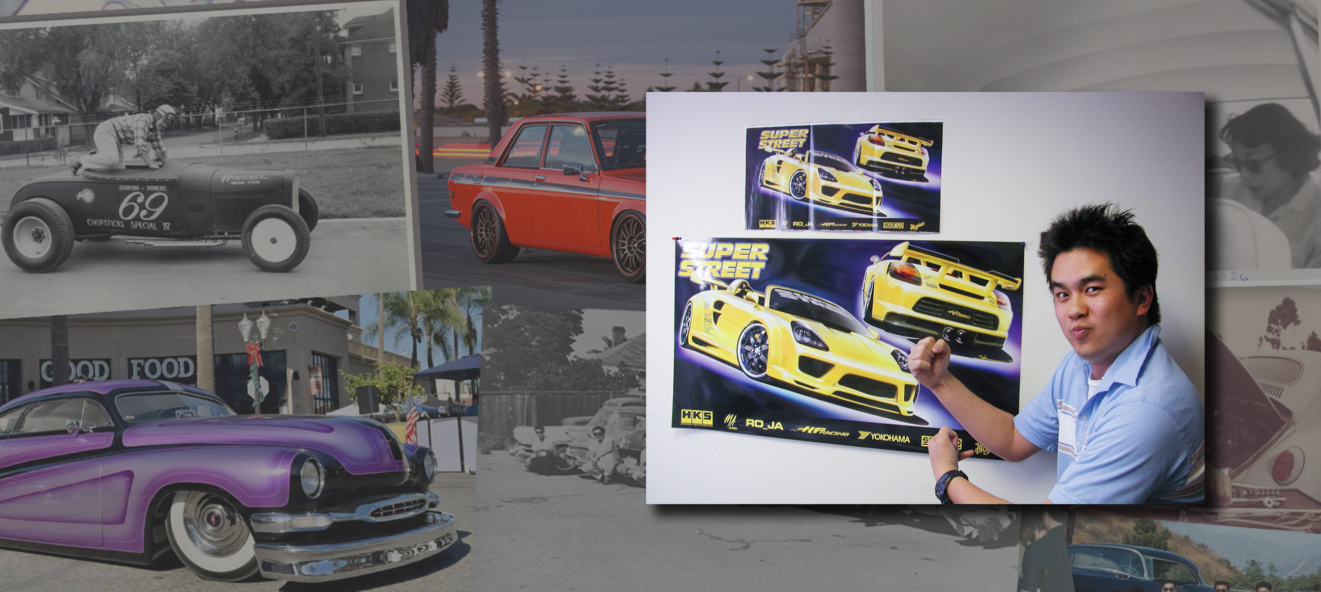 Jonathan Wong in front of Motortrend magazine spreads