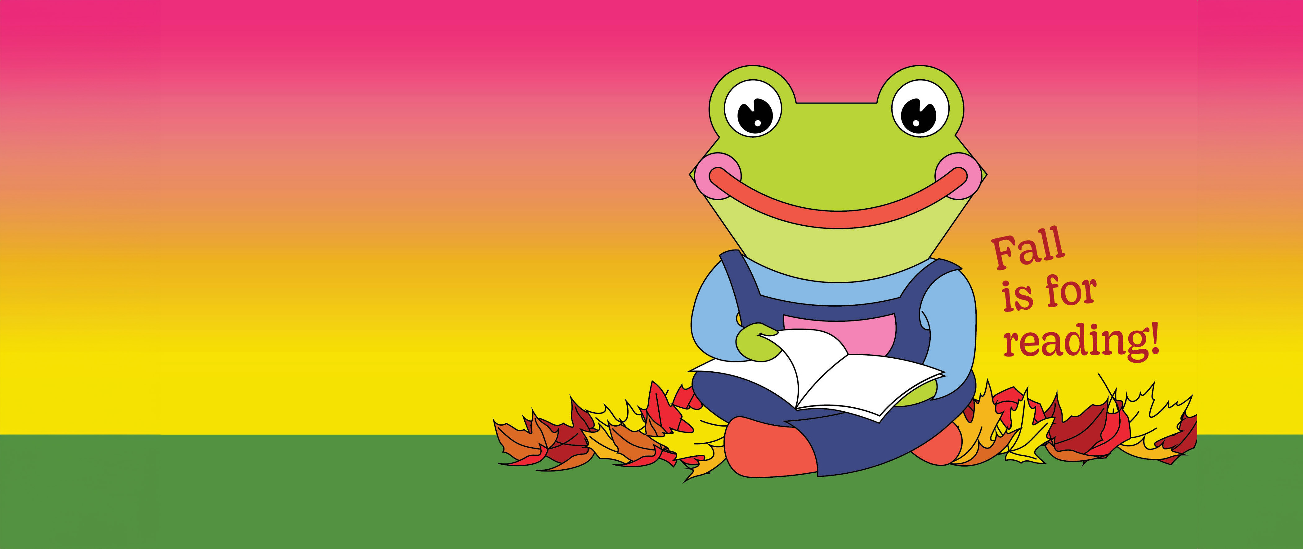 illustration of a frog reading a book with the words Fall is for reading