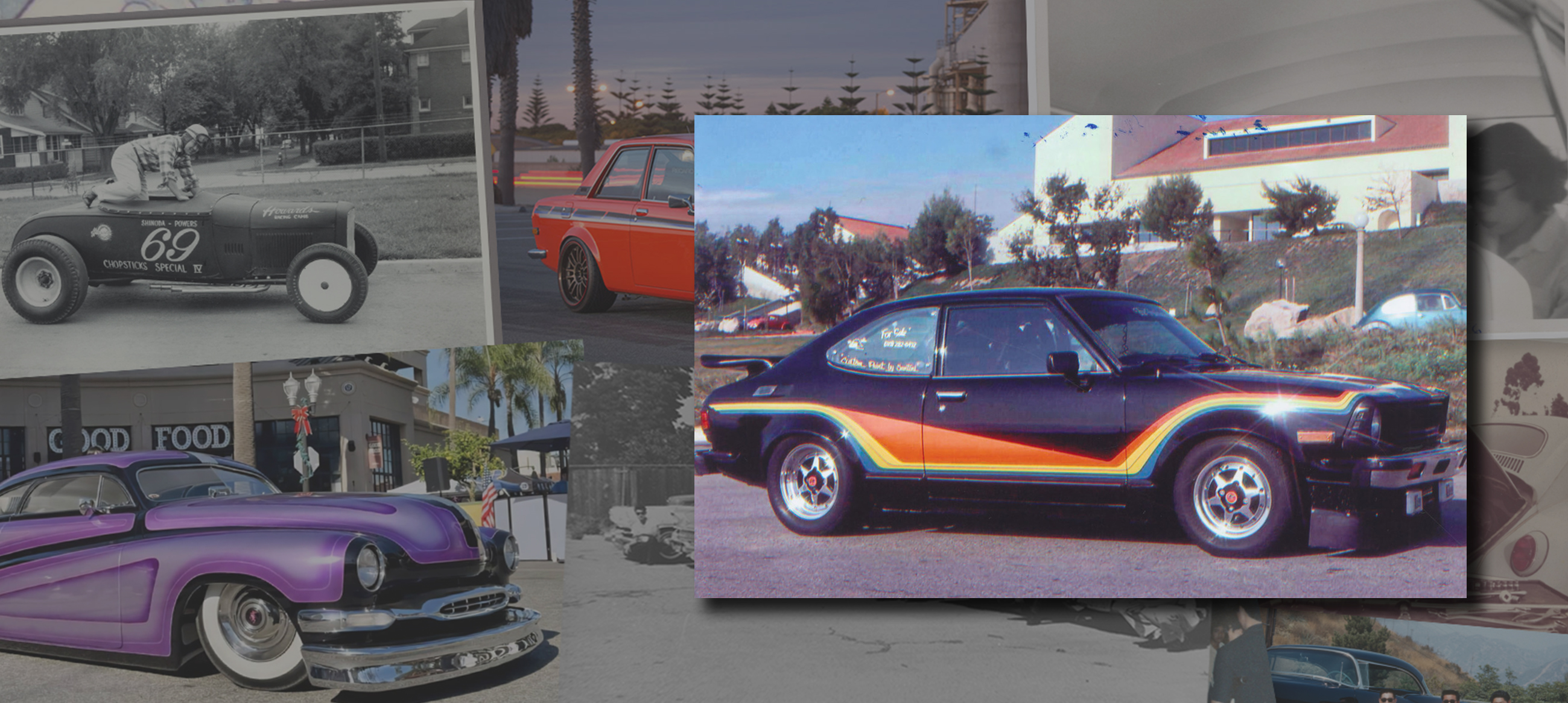 vega with rainbow stripes on background of vintage cars