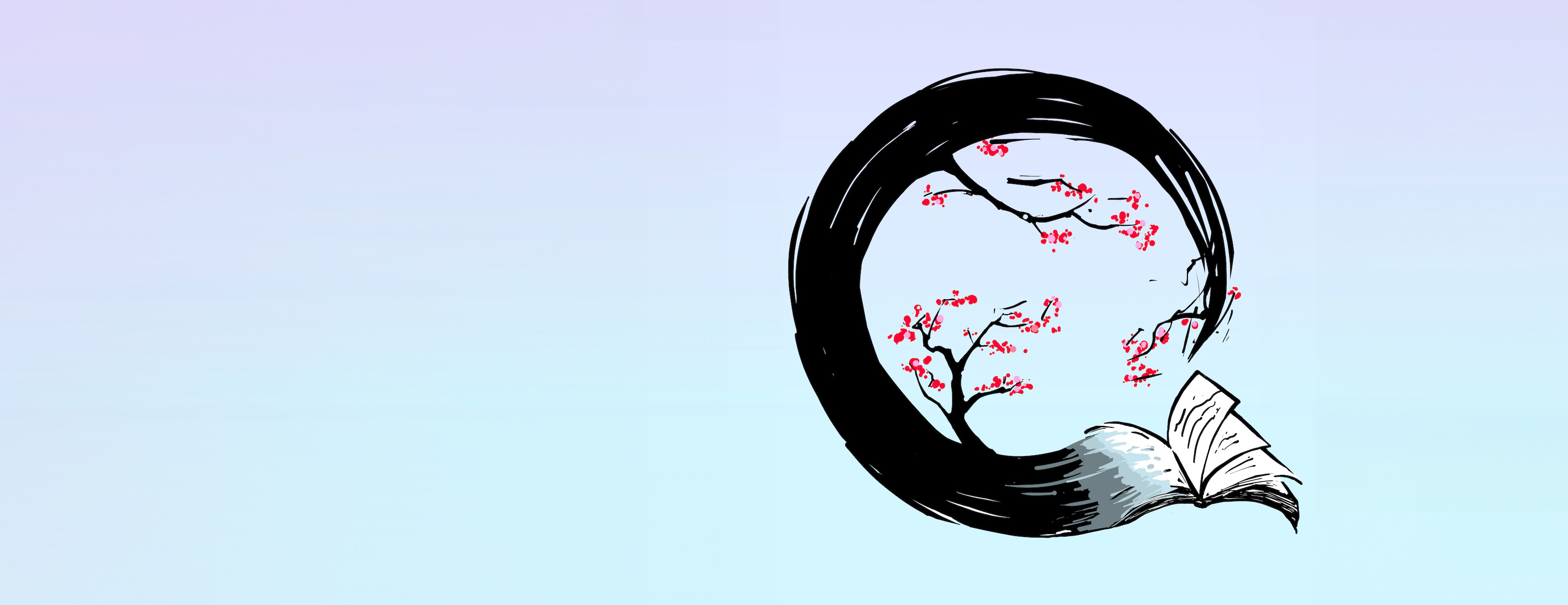 Illustration of a black brush stroke with cherry blossoms leading into a book