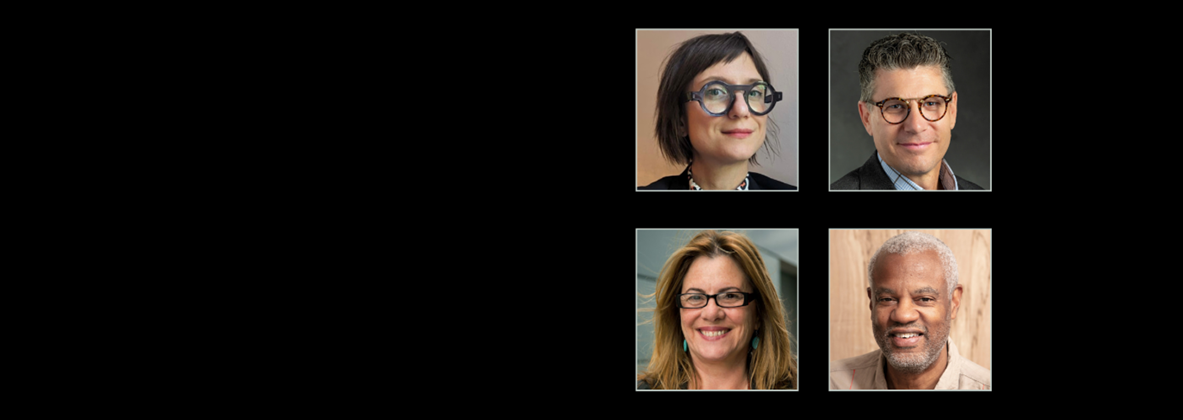 four color photos of the speakers for the event on a black background