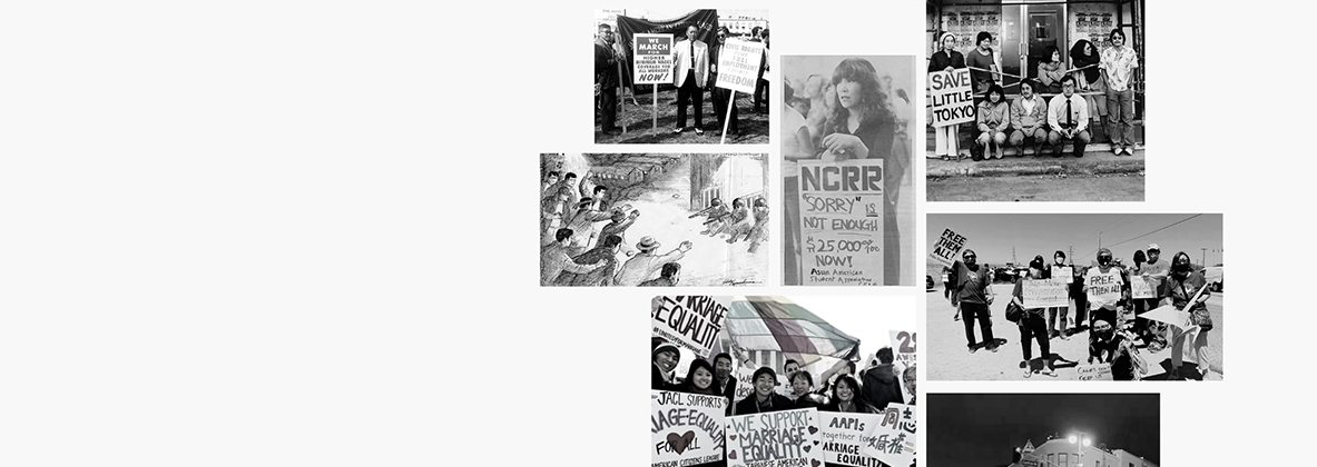 Various photos of Japanese Americans protesting