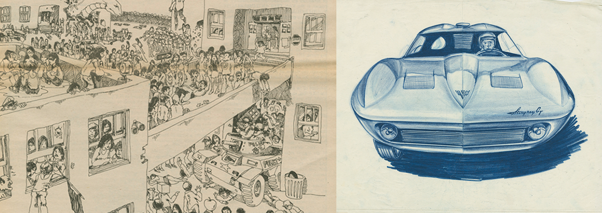 Illustrations, cover of Gidra magazine with young people in city with police cars and helicopters harassing them and Corvette Stingray by Larry Shinoda