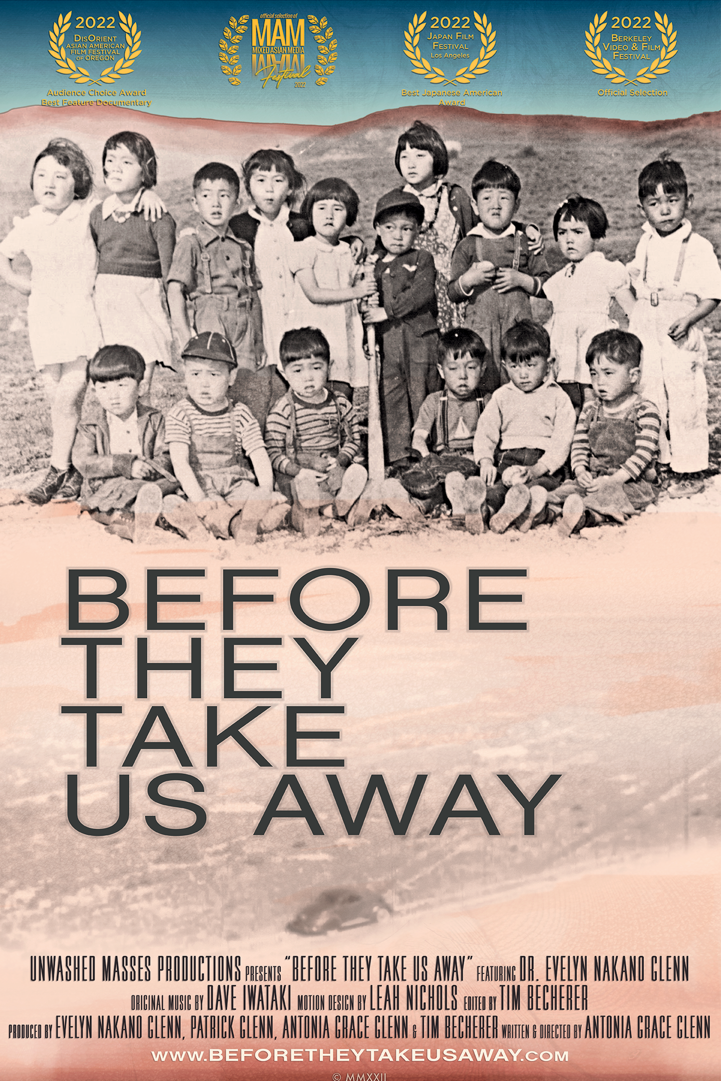 The poster image for the film "Before They Take Us Away", which depicts a group of Japanese American children in black and white, against a desert background with a blue sky.