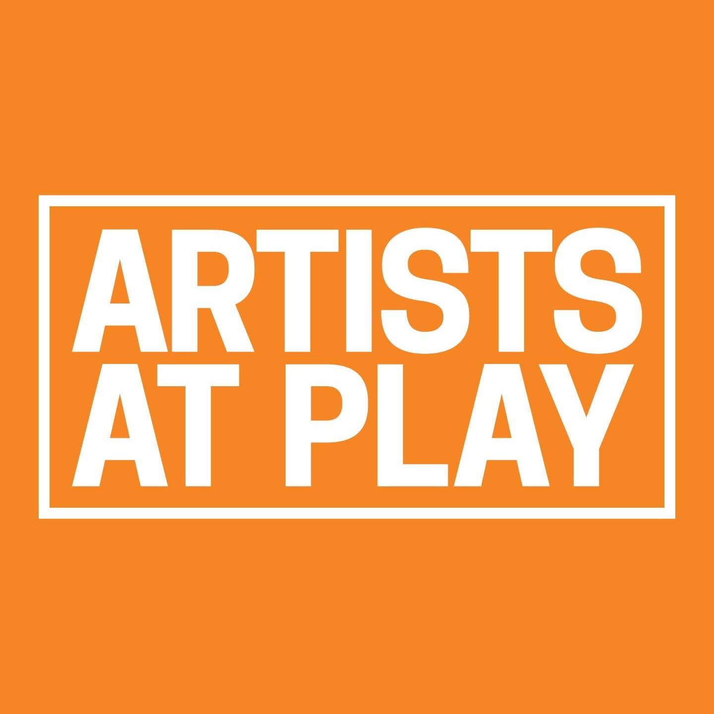 orange square with white text that reads "Artists At Play" with white box around text