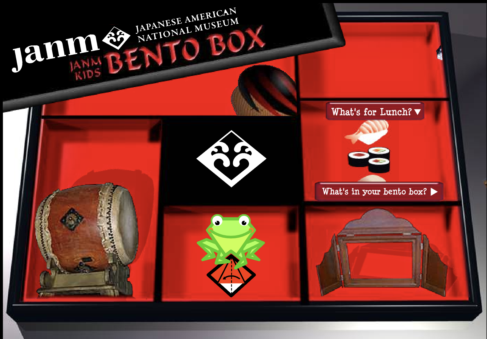 Red background image of a bento box for JANM Kids website