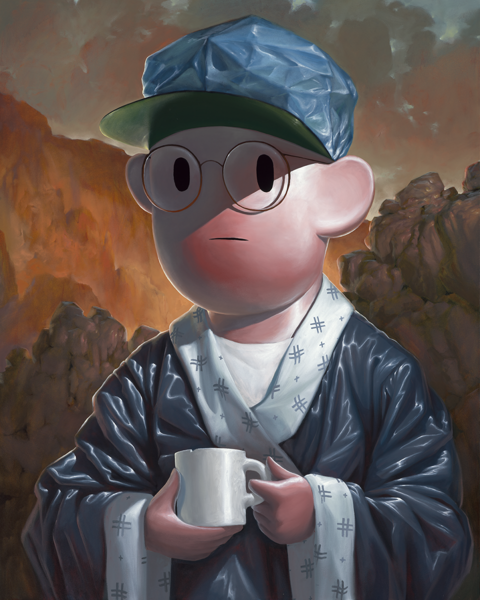 painting of a boy holding coffee cup